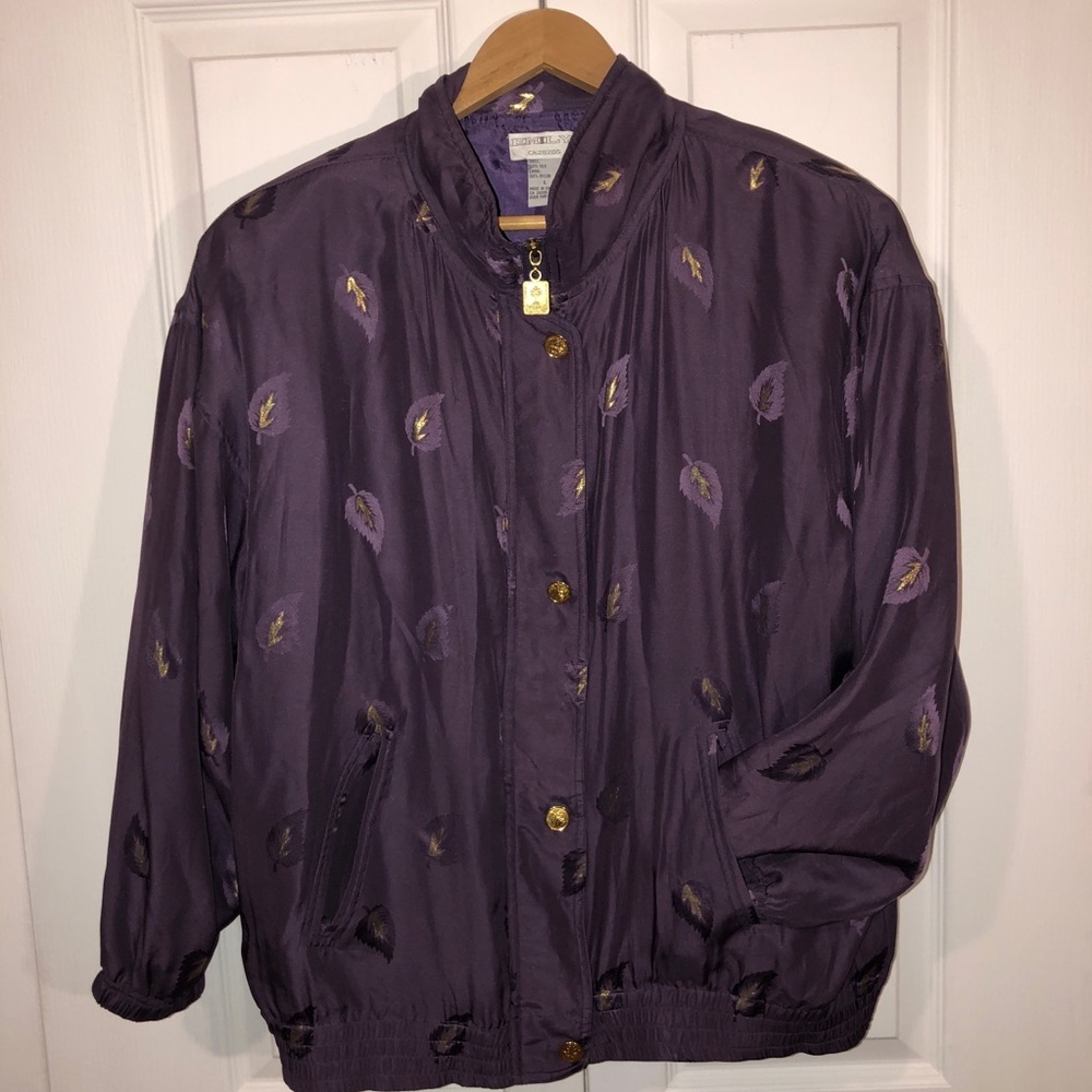 Silk Bomber Jacket 90s Vibe Leaf Motif